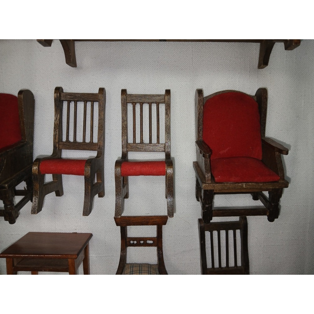 Vtg Miniature Dollhouse Wooden Wingback Living Room Set Sofa & 2 Chairs /Bed Lot - Picture 6 of 16